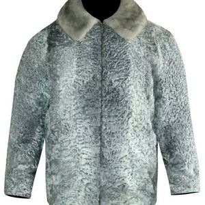 100% Real Persian Lamb Grey Bomber Jacket with real matching Mink fur collar,